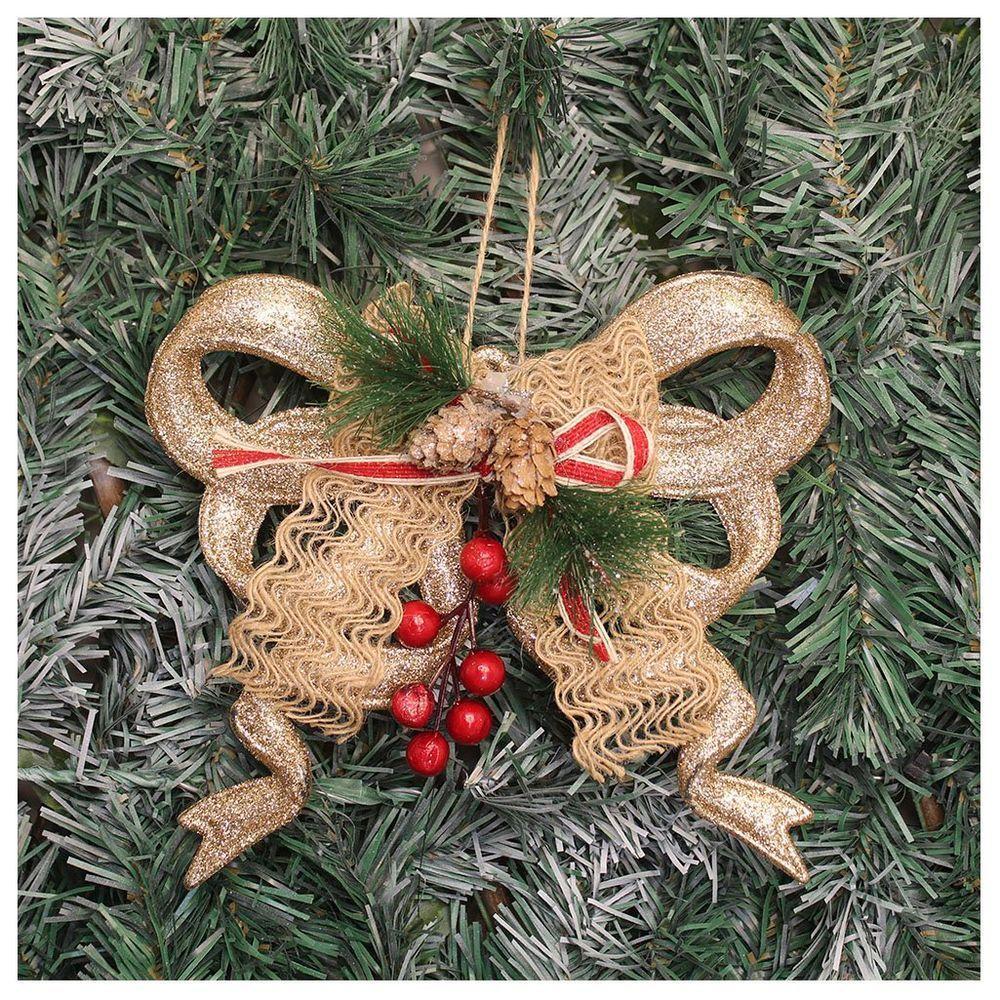 Kit 10 Enfeite Pendente Natalino Laço Dourado Com Brilho Natal 18cm - 2