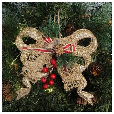 Kit 10 Enfeite Pendente Natalino Laço Dourado Com Brilho Natal 18cm