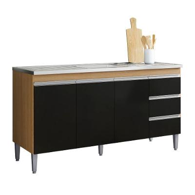 Balcão Gabinete De Pia Para Cozinha Sem Tampo 150cm 3 Portas Andréia Amêndoa/preto- Mabe Magazine