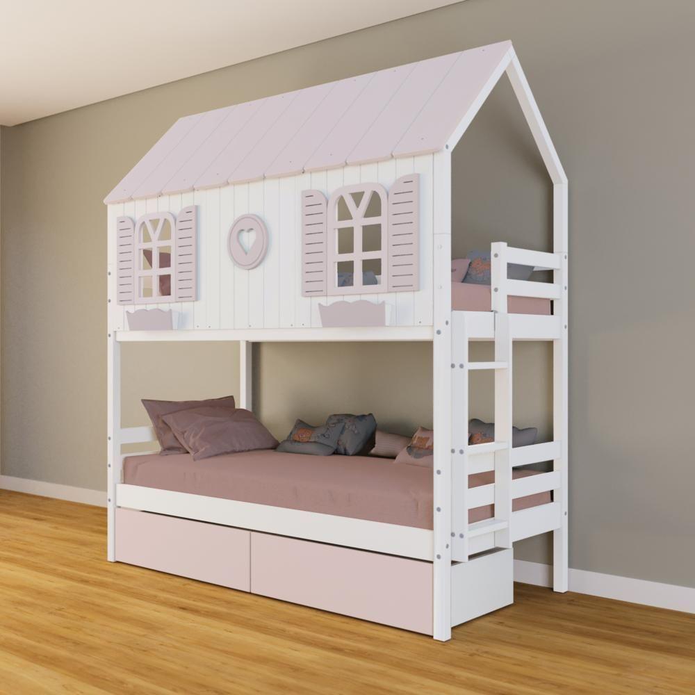 Beliche Casinha Bela Com Coração 2 Gavetas Rosa Madeira Maciça Branco/rosa Housin - 1