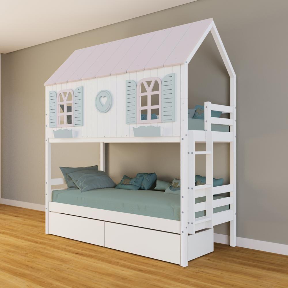 Beliche Casinha Bela Com Coração 2 Gavetas Madeira Maciça Branco/rosa/verde Housin - 1