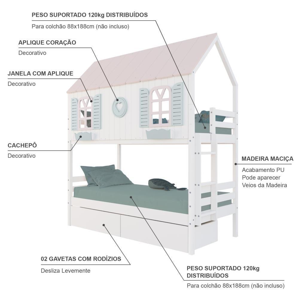 Beliche Casinha Bela Com Coração 2 Gavetas Madeira Maciça Branco/rosa/verde Housin - 4