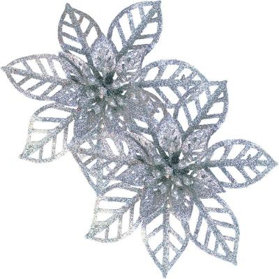 Kit 24 Flores Prata Gliter Decoração árvore De Natal De 14cm