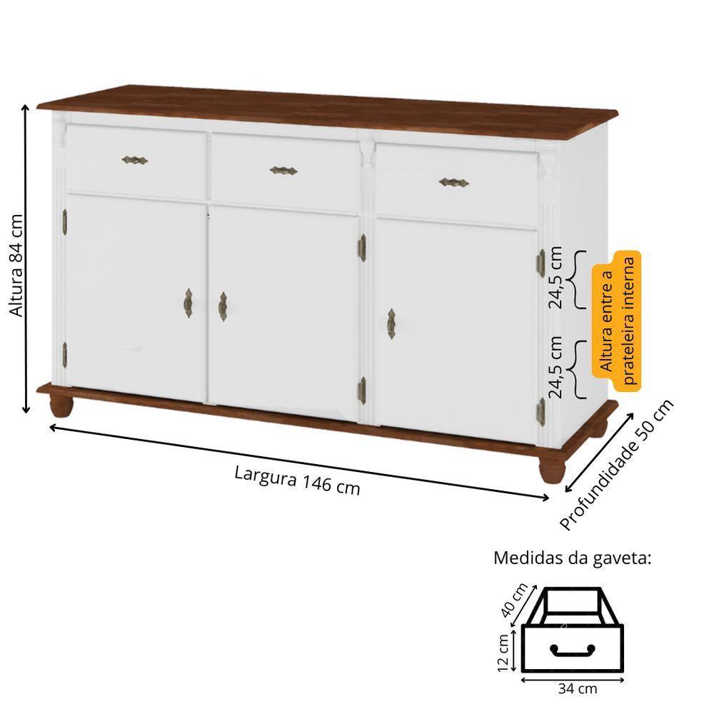 Balcão De Cozinha 3 Portas 3 Gavetas Pés Torneados 631 - Branco Laca Com Tampo E Base Imbuia Glazer - 4