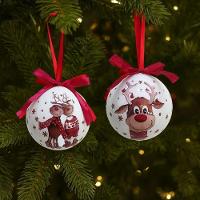 Jogo 2 Bolas De Natal Decoradas Branco Laqueado Rena Love Com Laço Vermelho 7,5cm - 3