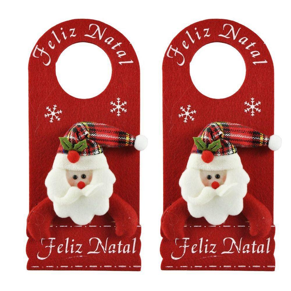 Kit 2 Decora Maçaneta Feliz Natal Pelúcia Papai Noel Gorro Xadrez 30cm - Master Christmas - 1