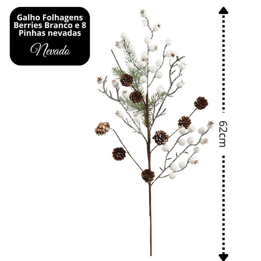 Galho Decor Natal Folhagens Berries Branco E Pinhas Rústico 62cm - Magizi - 5