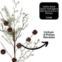 Galho Decor Natal Folhagens Berries Branco E Pinhas Rústico 62cm - Magizi
