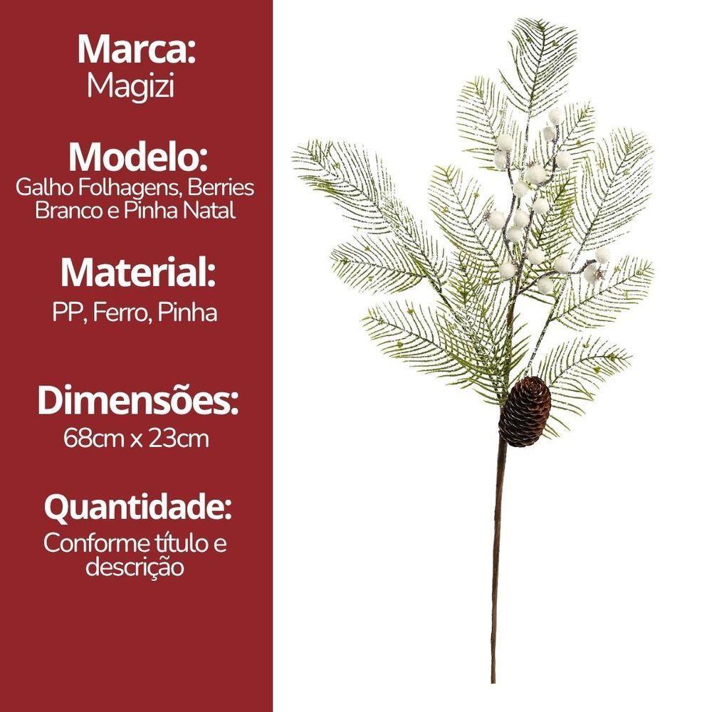 Galho Natalino Folhagens Nevada Berries Branco E Pinha 68cm - Magizi - 6