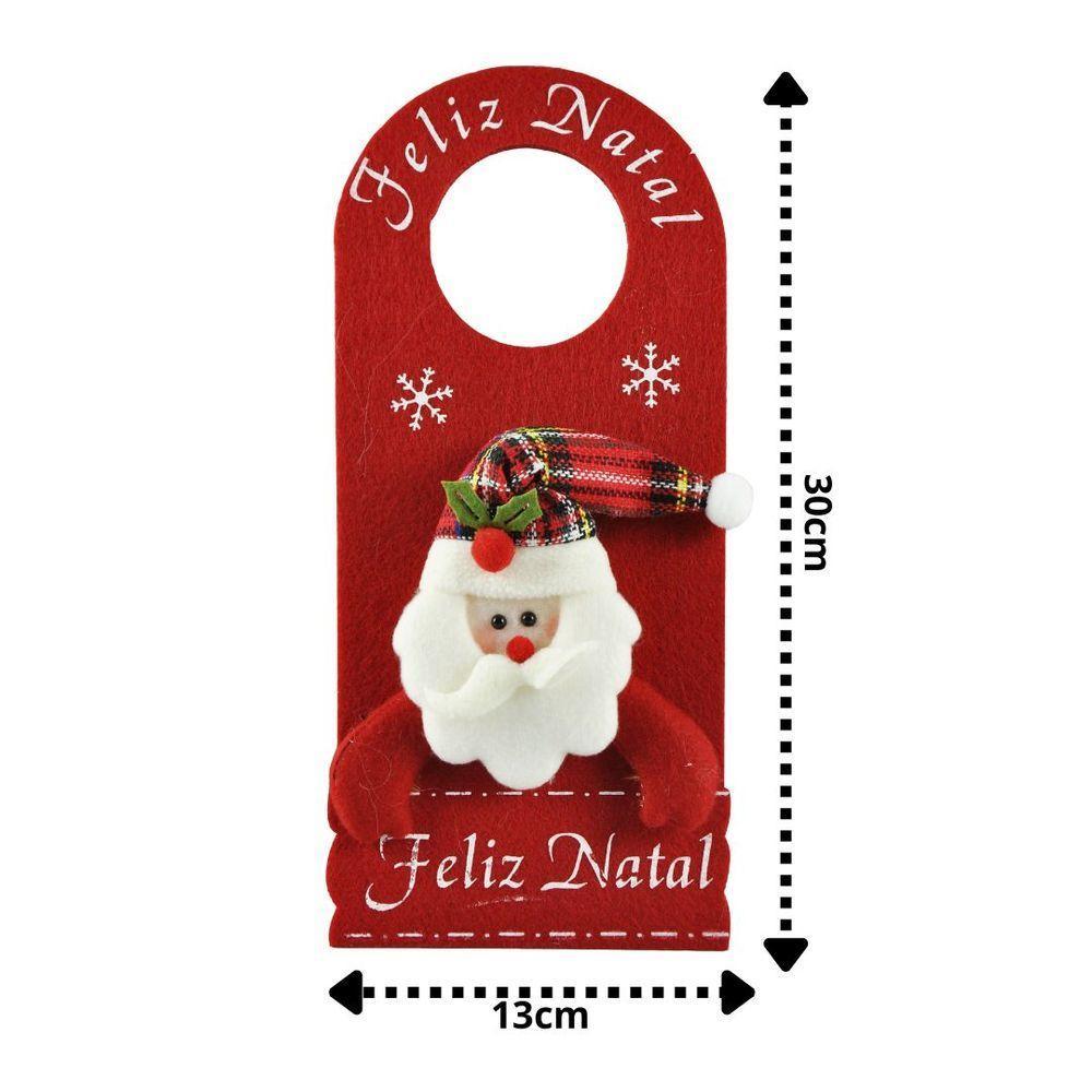 Enfeite Decora Maçaneta Feliz Natal Pelúcia Papai Noel Gorro Xadrez 30cm - Master Christmas - 3