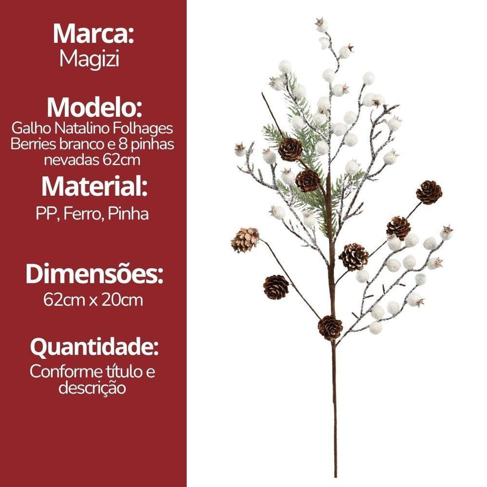 Jogo 2 Galhos Decor Natal Folhagens Berries Branco E Pinhas Rústico 62cm - Magizi - 7