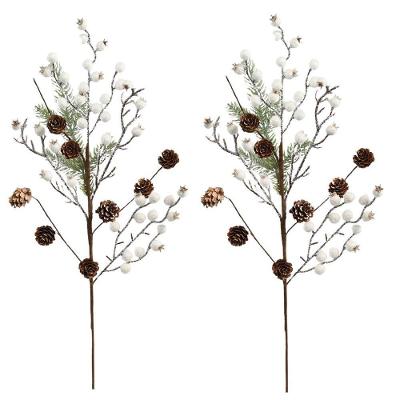 Jogo 2 Galhos Decor Natal Folhagens Berries Branco E Pinhas Rústico 62cm - Magizi