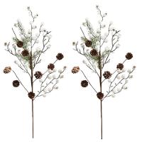 Jogo 2 Galhos Decor Natal Folhagens Berries Branco E Pinhas Rústico 62cm - Magizi - 1