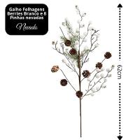Jogo 2 Galhos Decor Natal Folhagens Berries Branco E Pinhas Rústico 62cm - Magizi - 6