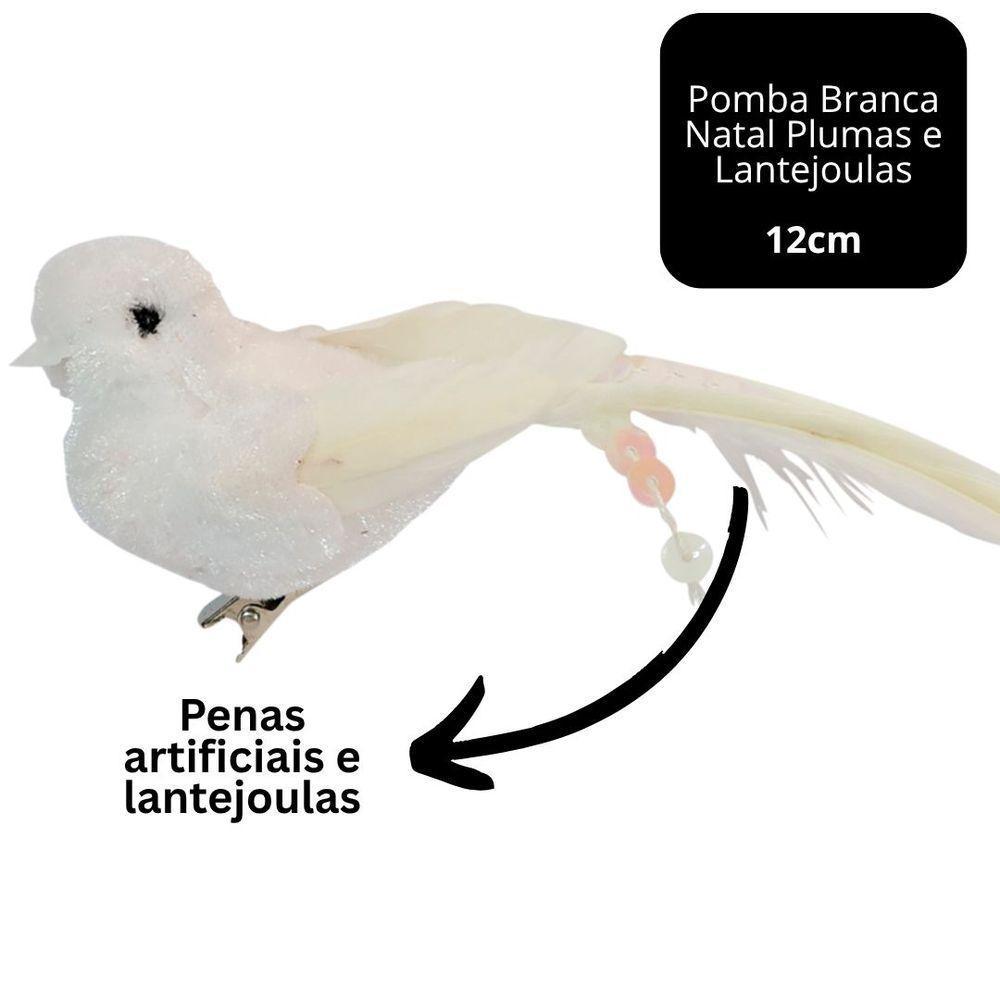 Pomba Branca Natal Plumas E Lantejoulas 12cm Com Presilha - Magizi - 5