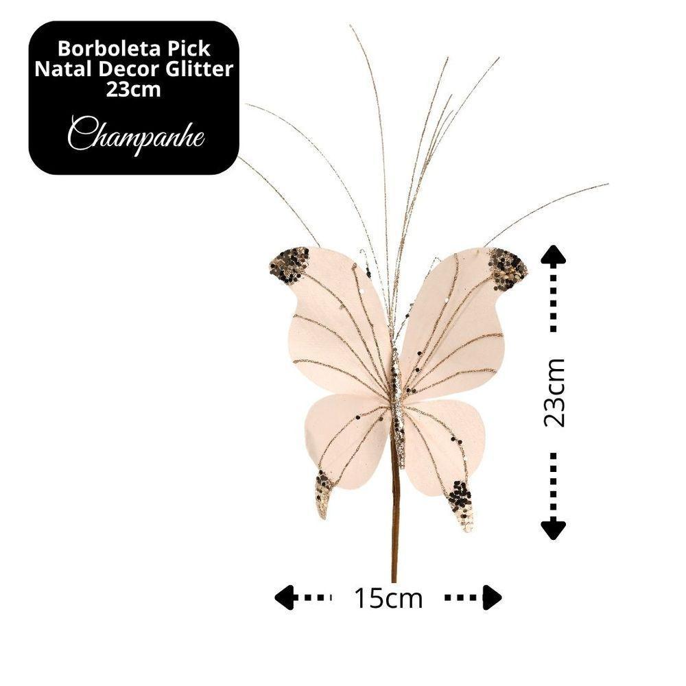 Kit 4 Borboletas Pick Natal Champanhe Full Glitter Luxo 23cm - Magizi - 6