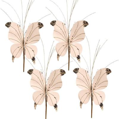 Kit 4 Borboletas Pick Natal Champanhe Full Glitter Luxo 23cm - Magizi