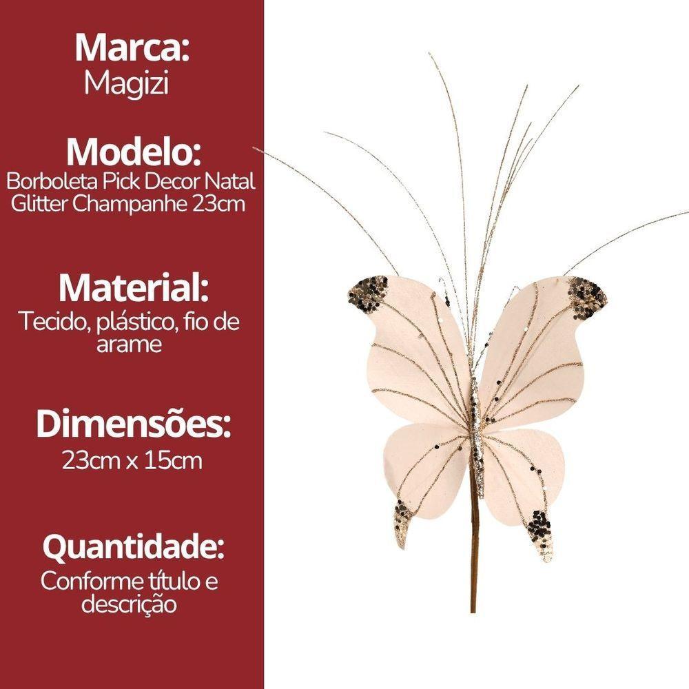 Borboleta Pick Natal Champanhe Full Glitter Luxo 23cm - Magizi - 6