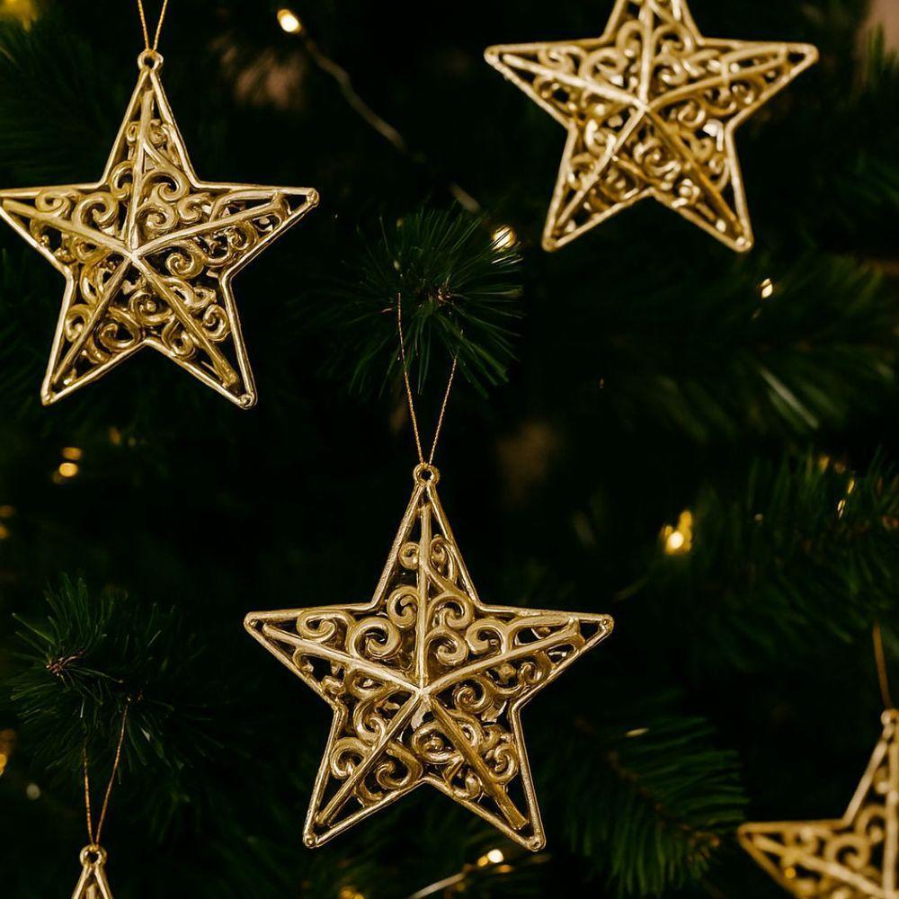 Kit 4 Estrelas Natal Tridimensional Arabesco Lisa Dourada 11cm - Magizi - 2
