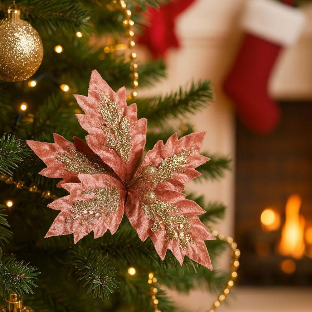 Flor Bico De Papagaio Veludo Rosê Pick Natal Glitter Dourado 24cm - Magizi - 2