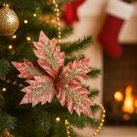 Flor Bico De Papagaio Veludo Rosê Pick Natal Glitter Dourado 24cm - Magizi - 2