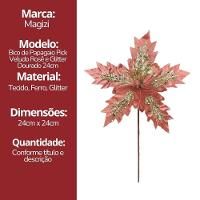 Flor Bico De Papagaio Veludo Rosê Pick Natal Glitter Dourado 24cm - Magizi - 5