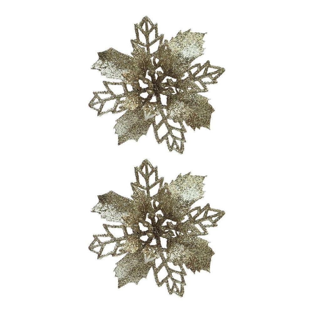 Jogo 2 Flores Bico De Papagaio Champanhe Natal Pick Glitter 9cm Com Presilha - Magizi - 1