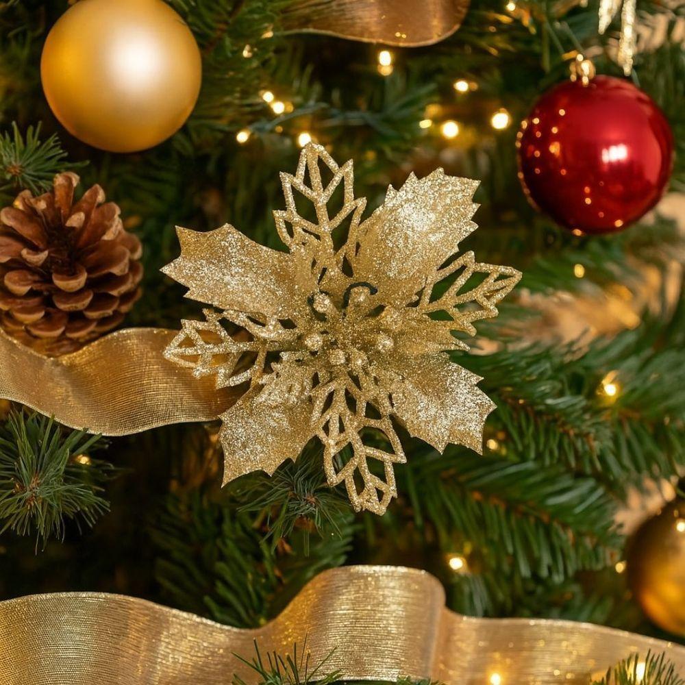 Jogo 2 Flores Bico De Papagaio Champanhe Natal Pick Glitter 9cm Com Presilha - Magizi - 2