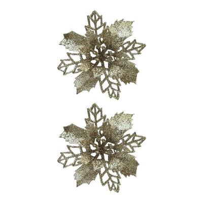 Jogo 2 Flores Bico De Papagaio Champanhe Natal Pick Glitter 9cm Com Presilha - Magizi