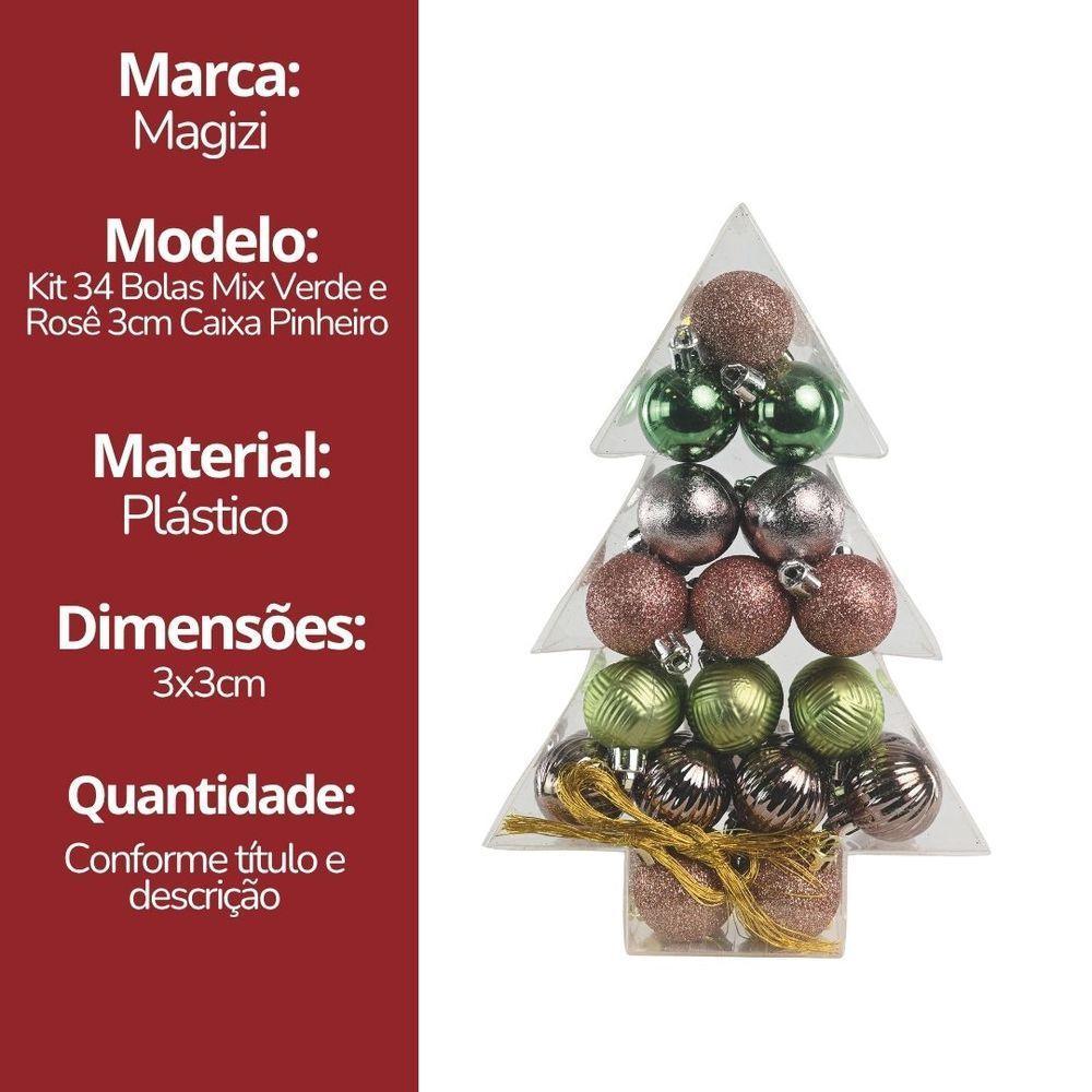Super Kit 34 Bolas Natal Verde E Rosê Texturas 3cm Na Caixa Pinheiro Decor - Magizi - 6
