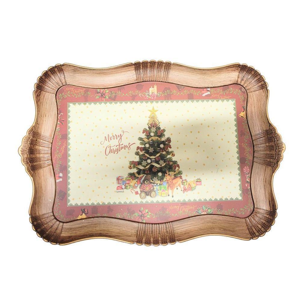 Bandeja Natal Rústica Estampada árvore De Natal Moldura Ondulada 42cm X 32cm - Magizi - 1