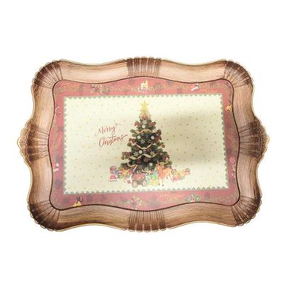 Bandeja Natal Rústica Estampada árvore De Natal Moldura Ondulada 42cm X 32cm - Magizi