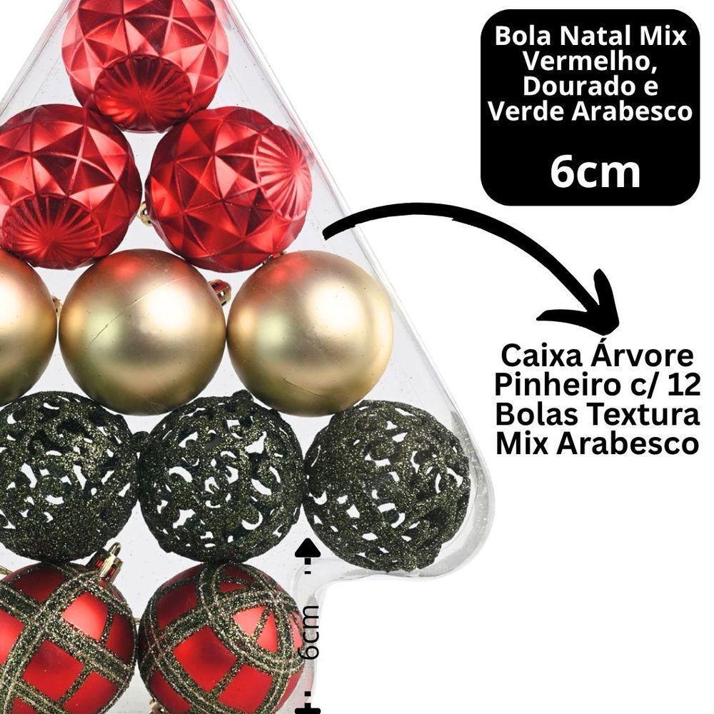 Kit 12 Bolas Natal Texturas Arabesco Luxo Vermelho, Dourado E Verde 6cm Na Caixa Pinheiro - Magizi - 3