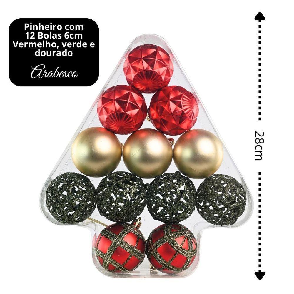 Kit 12 Bolas Natal Texturas Arabesco Luxo Vermelho, Dourado E Verde 6cm Na Caixa Pinheiro - Magizi - 5