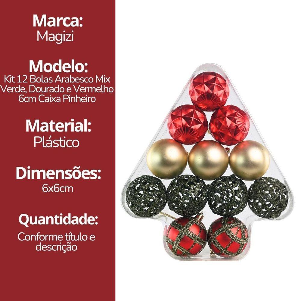 Kit 12 Bolas Natal Texturas Arabesco Luxo Vermelho, Dourado E Verde 6cm Na Caixa Pinheiro - Magizi - 6