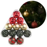 Kit 12 Bolas Natal Texturas Arabesco Luxo Vermelho, Dourado E Verde 6cm Na Caixa Pinheiro - Magizi
