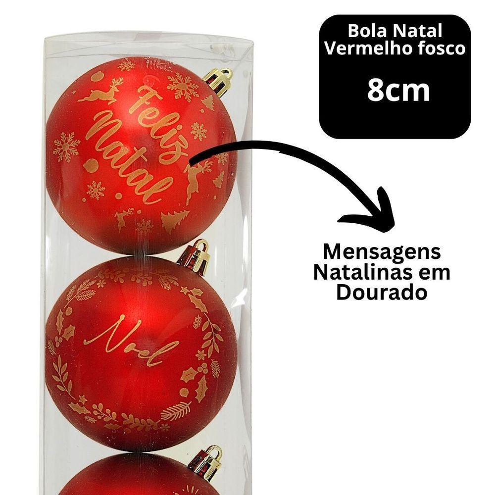 Kit 3 Bolas Natal Vermelho Fosco Decoradas Mensagens Dourado 8cm - Magizi - 3