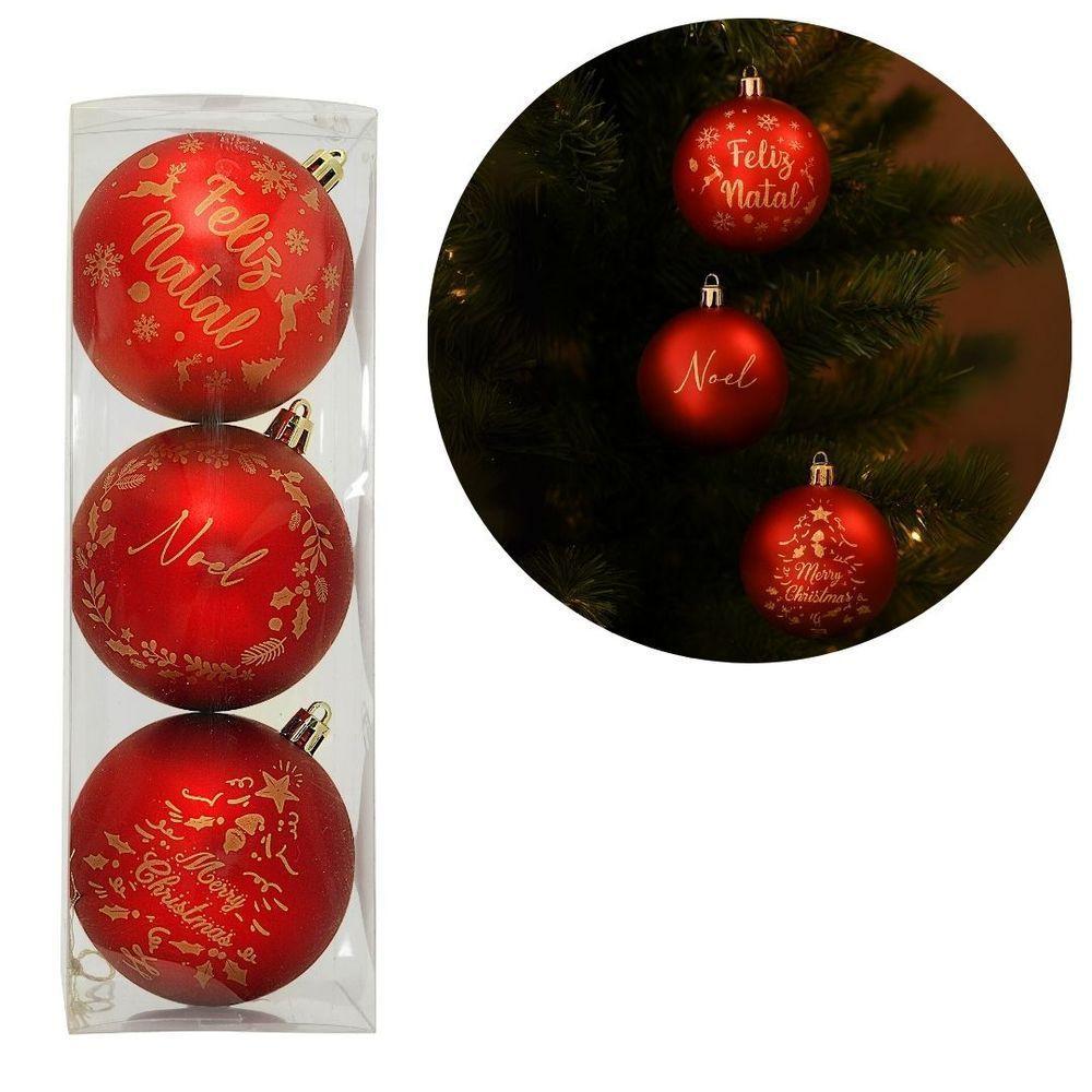 Kit 3 Bolas Natal Vermelho Fosco Decoradas Mensagens Dourado 8cm - Magizi - 4