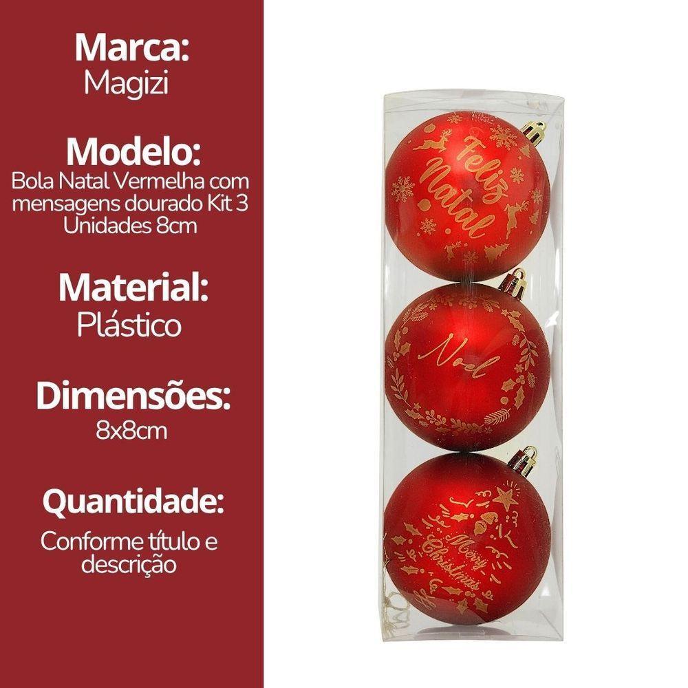 Kit 3 Bolas Natal Vermelho Fosco Decoradas Mensagens Dourado 8cm - Magizi - 6