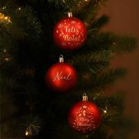 Kit 3 Bolas Natal Vermelho Fosco Decoradas Mensagens Dourado 8cm - Magizi - 2