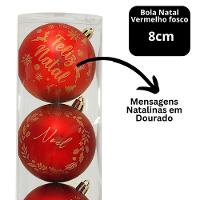 Kit 3 Bolas Natal Vermelho Fosco Decoradas Mensagens Dourado 8cm - Magizi - 3