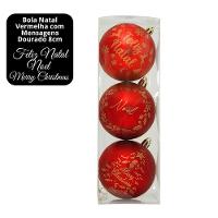 Kit 3 Bolas Natal Vermelho Fosco Decoradas Mensagens Dourado 8cm - Magizi - 5