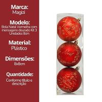 Kit 3 Bolas Natal Vermelho Fosco Decoradas Mensagens Dourado 8cm - Magizi - 6