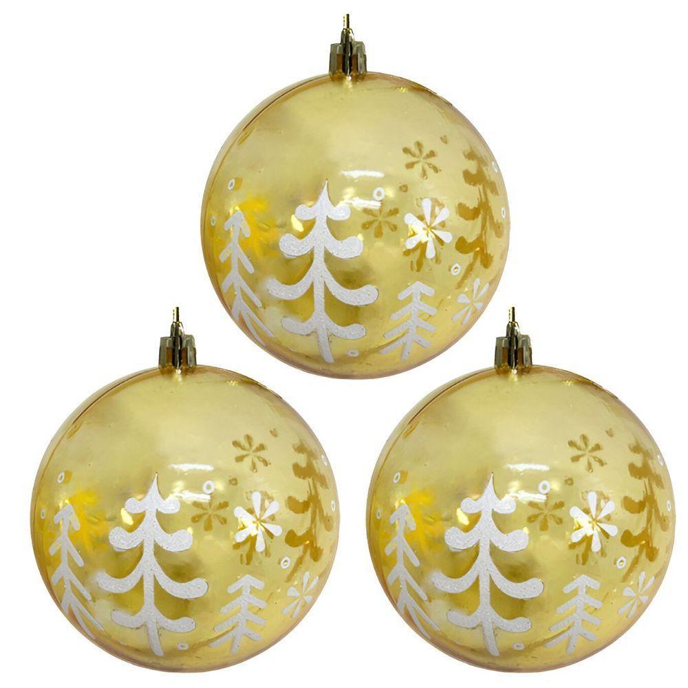 Kit 3 Bolas De Natal Decorada Print Mix Dourada Translúcida Luxo 10cm - Magizi - 1