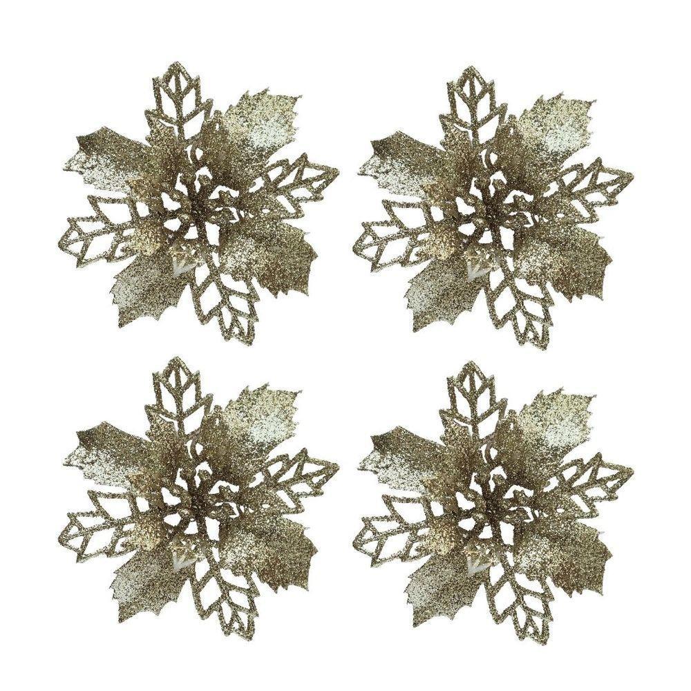 Jogo 4 Flores Bico De Papagaio Champanhe Natal Pick Glitter 9cm Com Presilha - Magizi - 1