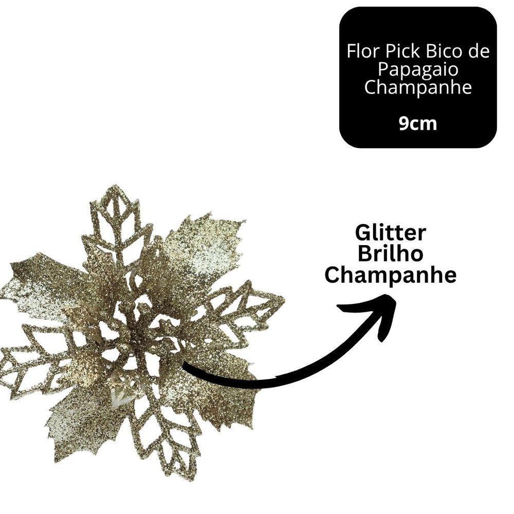 Jogo 4 Flores Bico De Papagaio Champanhe Natal Pick Glitter 9cm Com Presilha - Magizi - 3