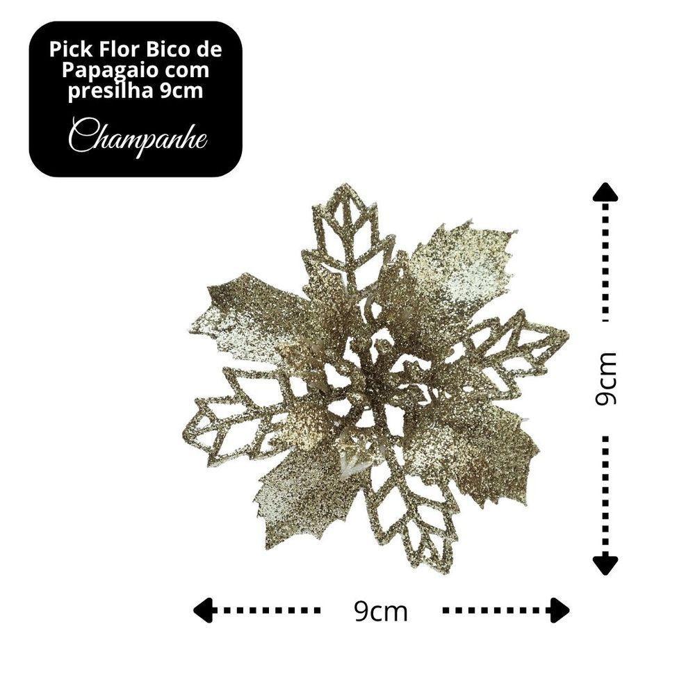 Jogo 4 Flores Bico De Papagaio Champanhe Natal Pick Glitter 9cm Com Presilha - Magizi - 4