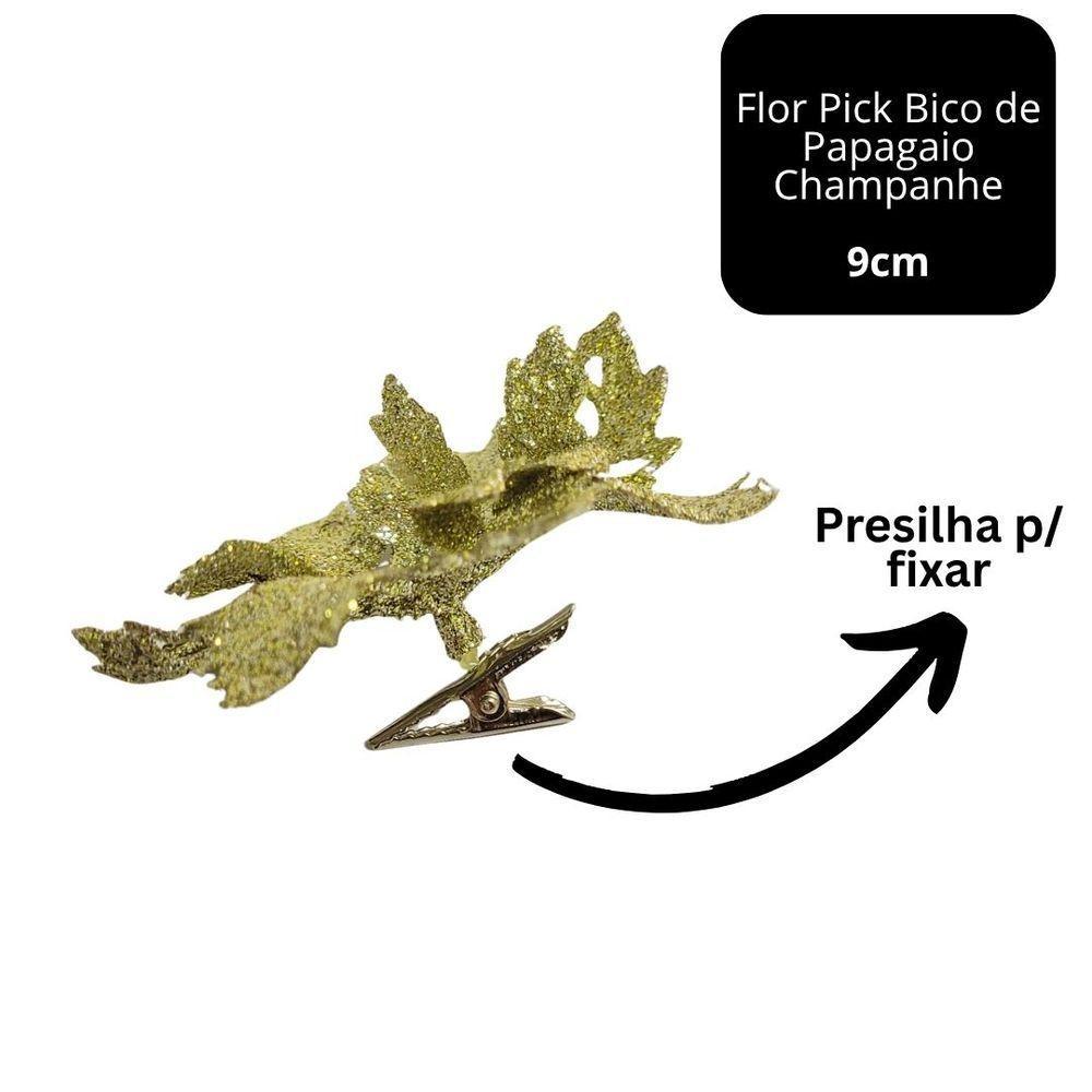 Jogo 4 Flores Bico De Papagaio Champanhe Natal Pick Glitter 9cm Com Presilha - Magizi - 6