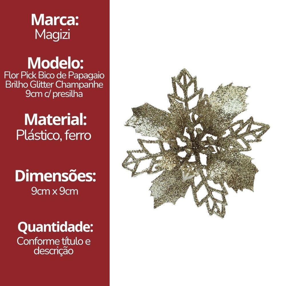 Jogo 4 Flores Bico De Papagaio Champanhe Natal Pick Glitter 9cm Com Presilha - Magizi - 7