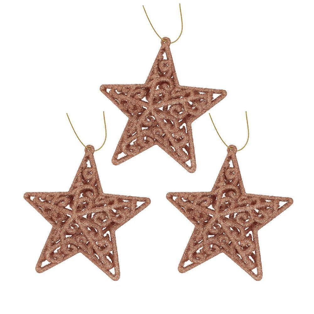 Kit 3 Estrelas Tridimensional Glitter Arabesco Natal Rosê Gold 9cm - Magizi - 1